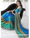 Distinguishable Blue And Sea Green Patch Border Work Art Silk Shaded Saree