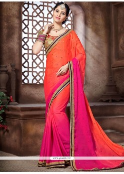 Mystic Embroidered Work Hot Pink And Orange Shaded Saree