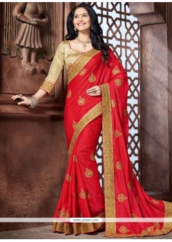 Monumental Faux Crepe Red Embroidered Work Classic Designer Saree