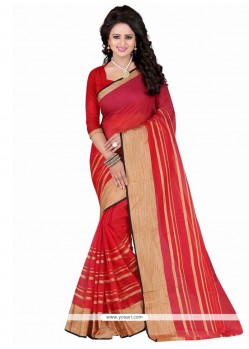 Mystical Patch Border Work Red Polly Cotton Casual Saree