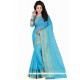 Fascinating Turquoise Patch Border Work Polly Cotton Casual Saree