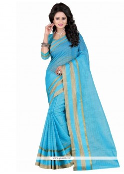 Fascinating Turquoise Patch Border Work Polly Cotton Casual Saree