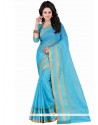 Fascinating Turquoise Patch Border Work Polly Cotton Casual Saree