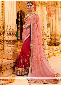 Sumptuous Magenta And Pink Resham Work Faux Chiffon Designer Half N Half Saree