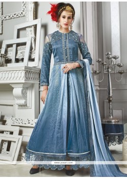 Aspiring Resham Work Blue Net Designer Floor Length Suit