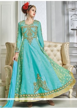 Royal Embroidered Work Turquoise Art Silk Designer Floor Length Suit