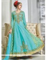 Royal Embroidered Work Turquoise Art Silk Designer Floor Length Suit