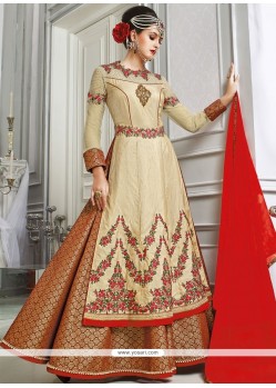 Intricate Beige Resham Work Banarasi Silk Long Choli Lehenga