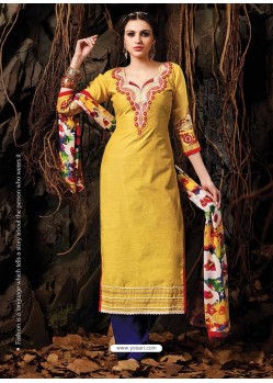 Yellow And Blue Chanderi Party wear suit