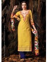 Yellow And Blue Chanderi Party wear suit