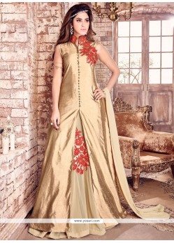 Breathtaking Embroidered Work Gold Bhagalpuri Silk Floor Length Designer Salwar Suit