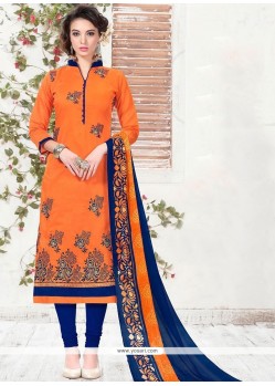 Outstanding Orange Embroidered Work Churidar Suit