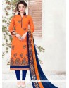 Outstanding Orange Embroidered Work Churidar Suit