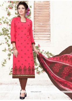 Prominent Embroidered Work Chanderi Pink Churidar Suit