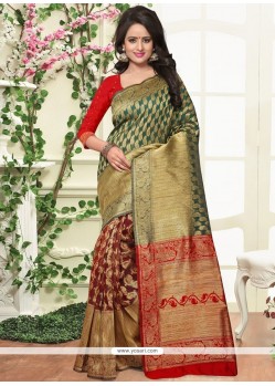 Prepossessing Green And Red Weaving Work Designer Traditional Saree