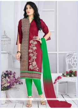 Demure Green And Magenta Embroidered Work Cotton Churidar Suit