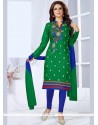 Peppy Cotton Blue And Green Embroidered Work Churidar Suit