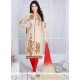 Embroidered Cotton Churidar Suit In Beige And Red