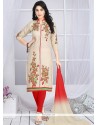 Embroidered Cotton Churidar Suit In Beige And Red