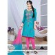 Distinguishable Blue And Pink Embroidered Work Churidar Suit