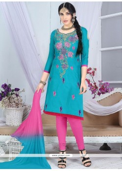 Distinguishable Blue And Pink Embroidered Work Churidar Suit