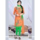 Mesmerizing Embroidered Work Cotton Green And Orange Churidar Suit