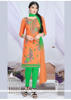 Mesmerizing Embroidered Work Cotton Green And Orange Churidar Suit