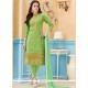 Glossy Embroidered Work Green Cotton Churidar Suit