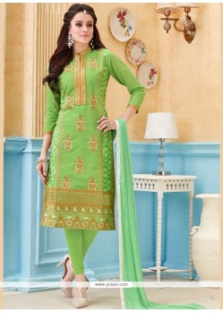 Glossy Embroidered Work Green Cotton Churidar Suit