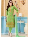 Glossy Embroidered Work Green Cotton Churidar Suit