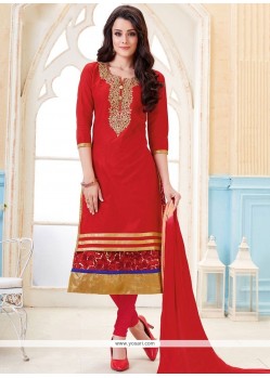 Distinctive Red Cotton Churidar Suit