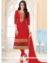 Distinctive Red Cotton Churidar Suit