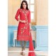 Tempting Embroidered Work Red Cotton Churidar Suit