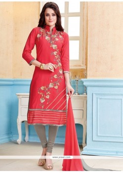 Tempting Embroidered Work Red Cotton Churidar Suit