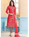 Tempting Embroidered Work Red Cotton Churidar Suit