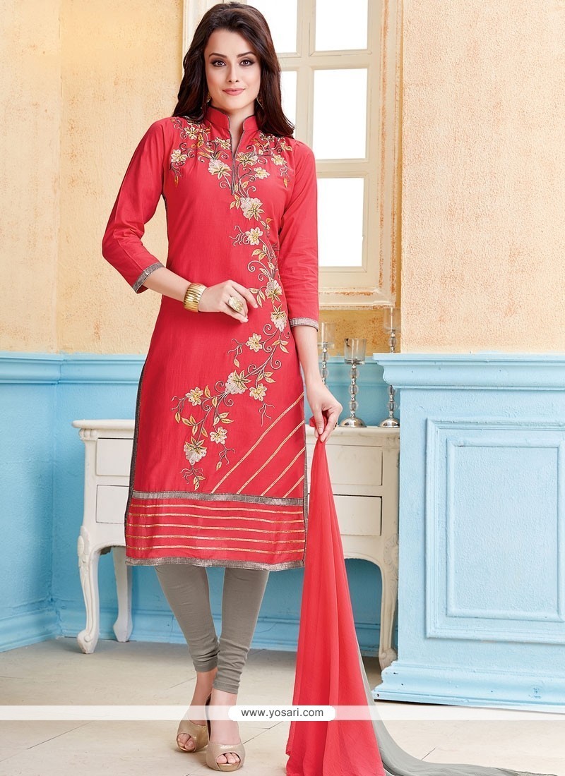 Buy Tempting Embroidered Work Red Cotton Churidar Suit | Churidar ...
