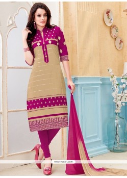 Distinguishable Embroidered Work Cotton Beige And Magenta Churidar Suit