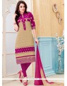 Distinguishable Embroidered Work Cotton Beige And Magenta Churidar Suit