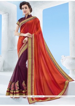 Beauteous Orange And Wine Art Silk Half N Half Designer Saree
