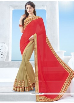 Trendy Faux Chiffon Beige And Rose Pink Embroidered Work Half N Half Saree