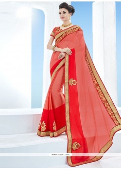 Sterling Peach And Red Faux Chiffon Classic Saree