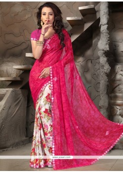 Thrilling Print Work Hot Pink And Off White Printed Saree