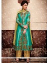Lovable Embroidered Work Turquoise Banarasi Silk Designer Suit