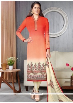 Impressive Cream And Red Lace Work Faux Georgette Churidar Suit