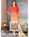 Impressive Cream And Red Lace Work Faux Georgette Churidar Suit