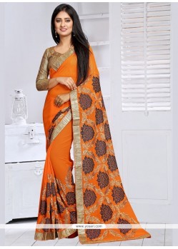 Trendy Embroidered Work Orange Classic Saree