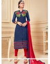 Dainty Chanderi Cotton Lavender And Navy Blue Lace Work Churidar Suit
