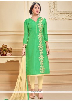 Thrilling Chanderi Cotton Green Embroidered Work Churidar Suit