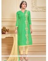 Thrilling Chanderi Cotton Green Embroidered Work Churidar Suit