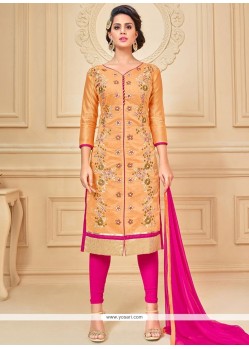 Sensible Hot Pink And Peach Lace Work Chanderi Cotton Churidar Suit